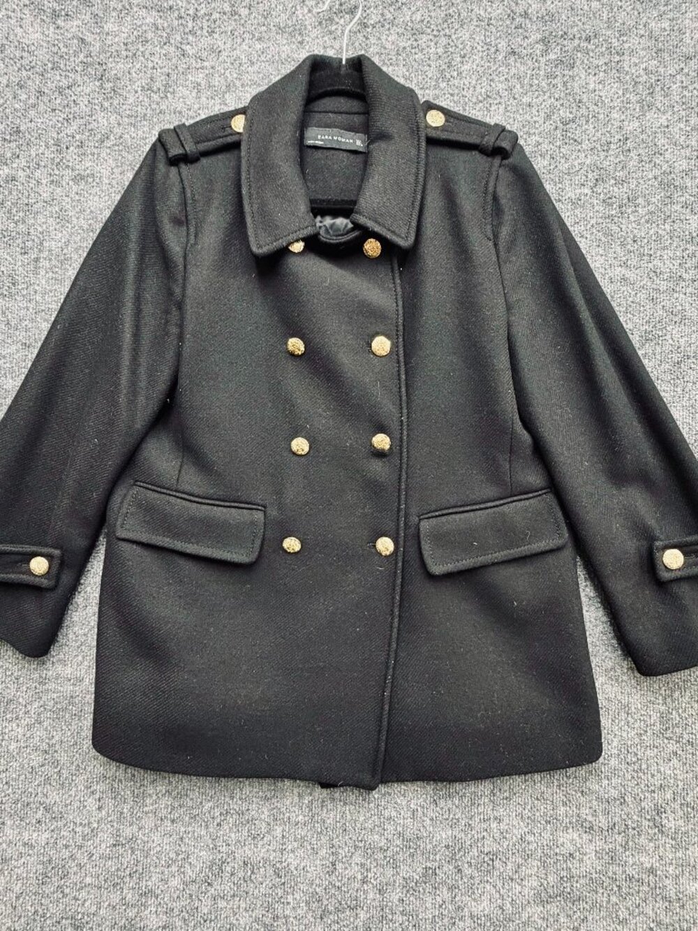 Zara Double-Breasted Military Wool Blend Coat with Gold Buttons Women's Large